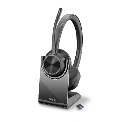 Image of Poly Voyager 4320 UC Wireless Headset &amp; Charge Stand Noise Canceling Boom Mic Connect PC/Mac/Mobile via Bluetooth Works w/Teams, Zoom, More