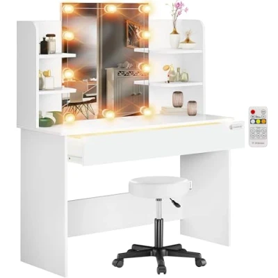 Image of CASARIA® Lucia Dressing Table with Stool Chair, Mirror Lights LEDs, 3 Compartment Drawer &amp; 4 Open Shelves Ideal For Hair Make Up Contemporary Dresser 110Wx40Dx140H cm White