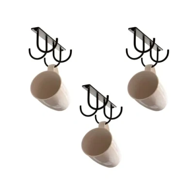Image of simplywire Pack of 3 Kitchen Mug Holder Under Cupboard Storage 12 Cup Hooks 4 per Unit Black