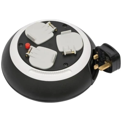 Image of Brennenstuhl Comfort Line 3 way socket cable box (3m extension cable, ergonomic rewind), small reel with desk sockets, colour: black