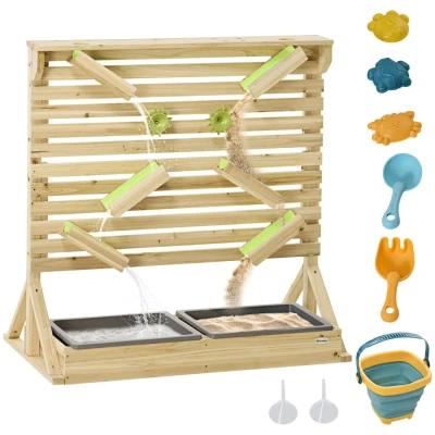 Image of Outsunny Kids Running Water and Sand Play Set with 18 Accessories, Wooden Outdoor Sensory Toys for Backyard Carts, Position changeable Tracks, Gift Boys Girls, Ages 3 7 Years