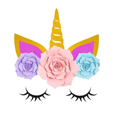 Image of Party Decorations Backdrop 3D Gold Flower with Large Horn Ears Eyelashes Face DIY Birthday Props for Engagement Wedding