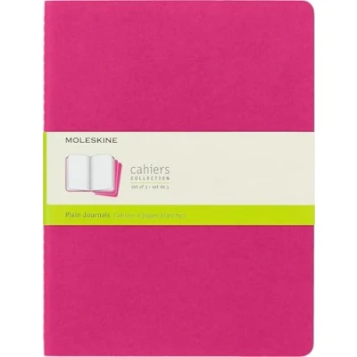 Image of Moleskine Cahier Journal, Set 3 Notebooks with Plain Pages, Cardboard Cover Visible Cotton Stiching, Colour Kinetic Pink, Extra Large 19 x 25 cm, 120 Pages