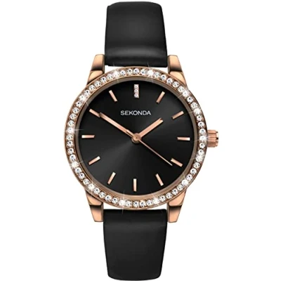 Image of Sekonda Editions Ladies Analogue Quartz Watch with Rose Gold Case and Black Strap 40329
