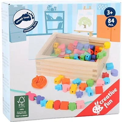 Image of small foot 7594 threading set, with wooden beads in many colours and shapes, incl. ribbons, box