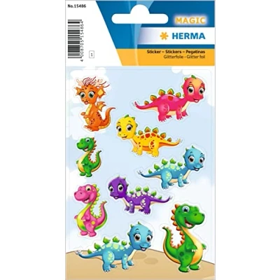 Image of HERMA 15486 Glitter Stickers for Children, Small Dinos (9 Stickers, Foil, Glitter) Self Adhesive, Permanent Adhesive Motif Labels Girls and Boys, Colourful