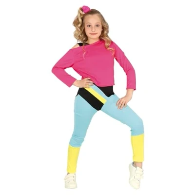 Image of FIESTAS GUIRCA 80s Girl Gymnast Fancy Dress Costume 90s Outfit with Pink Top and Multicoloured Jumpsuit for Children 5 6 Years