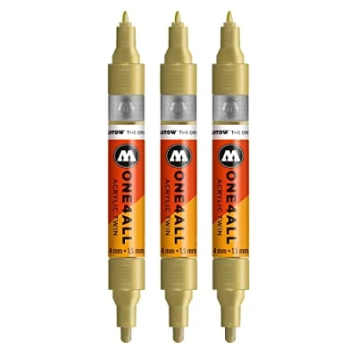 Image of Molotow One4All acrylic twin marker (line width 1.5 mm and 4 mm, high coverage permanent), pack of 3, colour 228 metallic gold