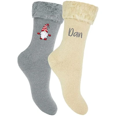 Image of Men&#039;s Personalised Gonk Gnome Thermal Bed Socks Gift Set (Grey &amp; Cream) (Red Gonk)