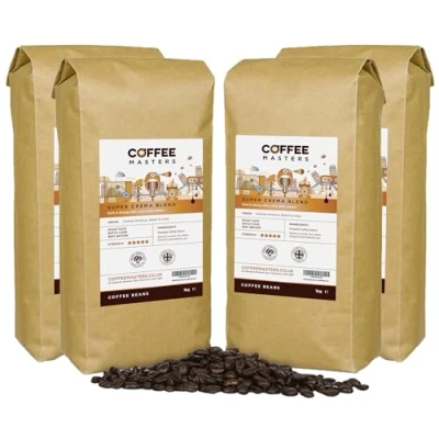 Image of Coffee Masters Super Crema Espresso Beans 4x1kg Intensely Strong Dark Roasted Blend of Arabica and Robusta Whole Ideal for Machines