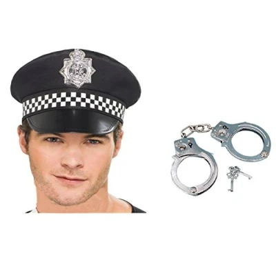 Image of Lizzy Adult Policeman Hat Police Cop Halloween Fancy Dress Costume Peak Cap With Check Band and Handcuffs (Unisex &amp; Metal handcuff)