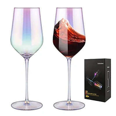Image of Gutsdoor Wine Glasses Set of 2 Crystal Red Iridescent White Long Stem Large 17 Ounce Glass Hand Blown for Wedding, Anniversary, Christmas, Birthday, Gifts