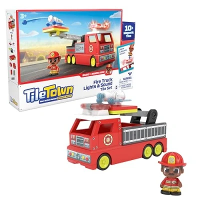 Image of TILE TOWN Firetruck Magnetic TILES Building Vehicle Playset With Lights &amp; Sounds + Figure, Kids 3 5+, New Action for Play, Realistic Builds, STEM Creative Toy, Great Gift Boys Girls