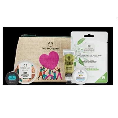 Image of The Body Shop Best 6 PC Mini Set shea Butter camomile youth sheet mask hemp hand charcoal TRAVEL Bag