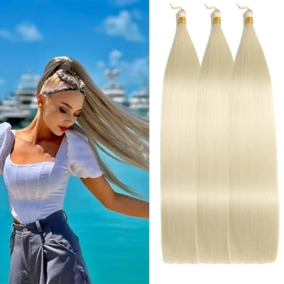 Image of Locescsoc 24 Inch Straight Hair Extensions 150g 3 Packs Bone Braiding Hair, Brown Ariel Ponytail Bundles, Ombre Soft Synthetic Crochet Box Braids for Women (613#)