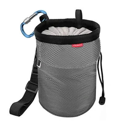 Image of MoKo Chalk Bag, Drawstring Rock Climbing Bag Bouldering Bucket with Adjustable Belt &amp; Zippered Pockets and Carabiner for Weight Lifting Gymnastics Crossfit Gray