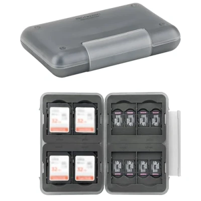 Image of PROfezzion SD Card Holder Water Resistant Plastic Memory Storage Carrying Case for 8 SDHC SDXC Cards with Carabiner + 16 micro Card, Soft Rubber Interior Shock Resistance