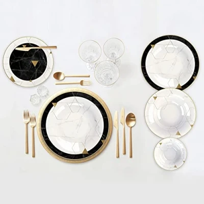 Image of Karaca Gem Porcelain Dinner Set for 6 People 24 Piece Crockery with Plates and Bowls Set, Round Dinnerware &amp; Black Gold