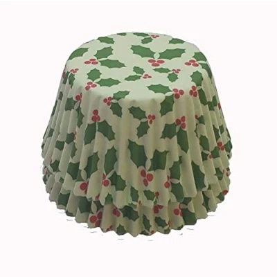 Image of Scrumptious 36PC Christmas Greaseproof Paper Cupcake Cases for Baking Holly with Green Background Ideal Festive Muffins &amp; Cakes