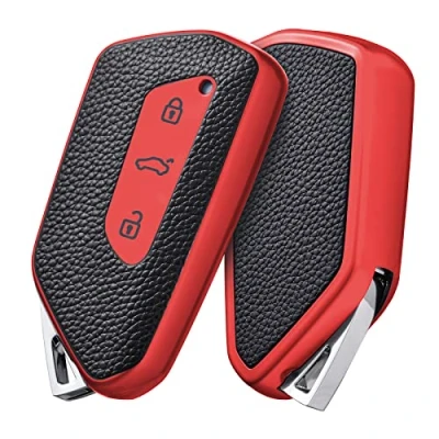 Image of OATSBASF Key Case Suitable for VW, Car Golf 8 Seat Leon MK 4 Tarraco Ateca Skoda Octavia 2020 TPU Silicone Protective (Red Leather)