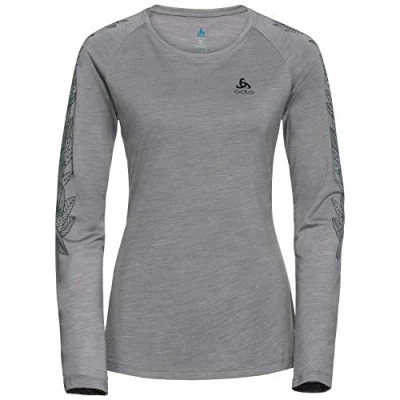 Image of Odlo Women&#039;s Crew Neck Concord Sweatshirt, Grey Melange Leaves on Sleeve Print SS20, S