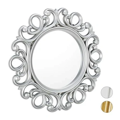 Image of Relaxdays Round Wall Mirror, Decoration for Hallway, Bathroom, Living Room &amp; Bedroom, Frame, Ornament, ∅ 50 cm, Silver