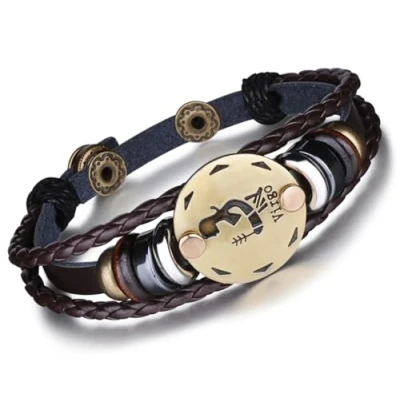 Image of Infinite U Retro Punk Mens Womens 12 Constellation Zodiac Sign Bracelet Braided Leather Alloy Charm Multilayer Wristband Bangle