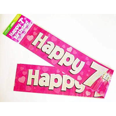 Image of Happy 7th Birthday Banner Age Girl Pink Holographic Wall Kids Party Decorations