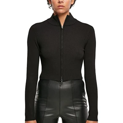 Image of Urban Classics Women&#039;s Cropped Rib Knit Zip Cardigan Sweater, Black, XXXXL