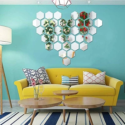 Image of KimDaro Mirror Wall Stickers Non Glass Plastic 3D Hexagon Acrylic Decor Self Adhesive Tiles (30 PCS)