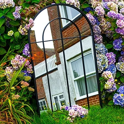 Image of Woodside Oaken XL Decorative Outdoor Garden Arch Mirror, Black Rustic Metal, W: 65cm x H: 108cm