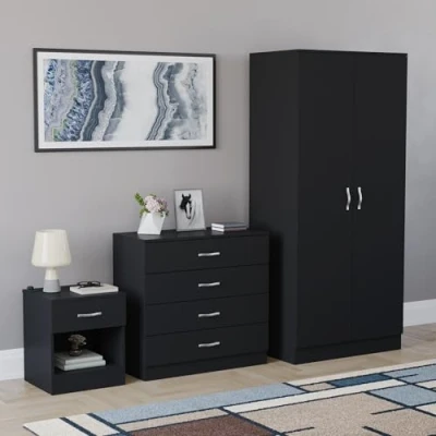 Image of Vida Designs Riano 3 Piece Bedroom Furniture Set, 2 Door Wardrobe, 4 Drawer Chest Of and 1 Bedside Cabinet (Black)