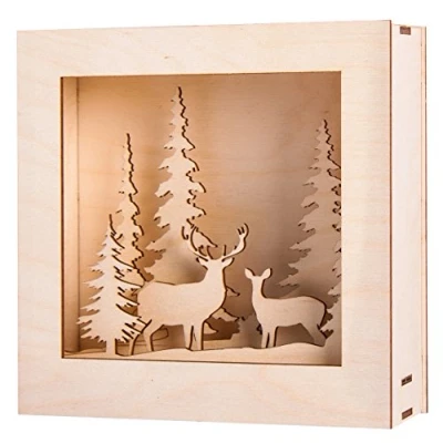 Image of Rayher 46308000 Shadow Box Building Kit with 3D Winter Scenery, Deer and Fir Trees, DIY Wood Craft Set, 14 slot together Pieces, 20x20x6.6cm