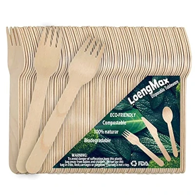 Image of LoengMax Disposable Wooden Forks 100PCS 6&quot; Length Wood Cutlery Utensils