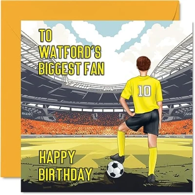 Image of Football Birthday Card for Watford Fans Biggest Fan Fun Happy Son Dad Brother Uncle Colleague Friend Cousin, 145mm x Footy Footie Bday Greeting Cards