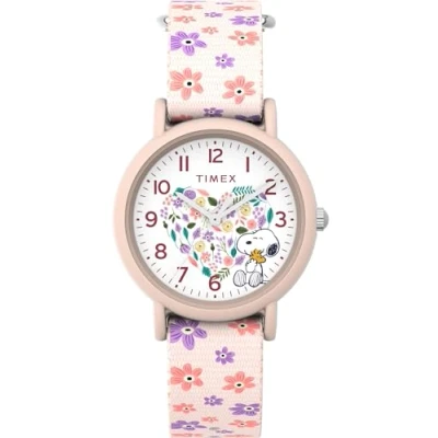 Image of Timex Unisex Peanuts Floral 34mm Watch, Pink Fabric Strap White Dial Case