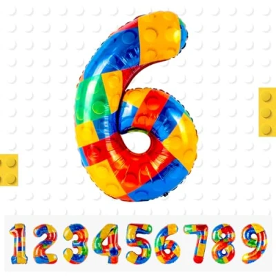Image of Building Block Number Balloon,Number 6 Balloon Birthday Decorations,Colorful Helium for Party Decorations Lego Theme Boy Girl