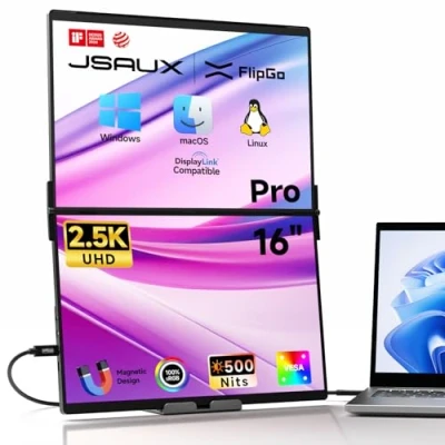Image of JSAUX FlipGo 16&quot; Pro 2.5K Dual Screen Portable Monitor, Triple Monitor for Laptop DisplayLink HiDPI Single Cord to IPS Built in HUB Magnetic Design Windows, Linux, MacOS