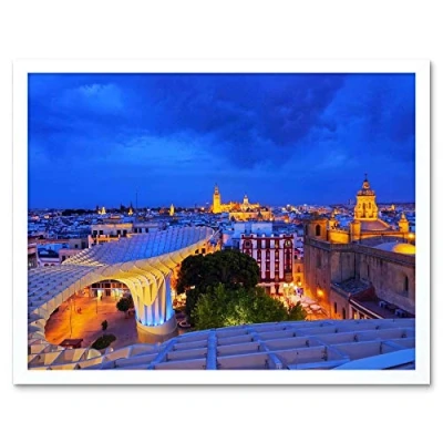 Image of Wee Blue Coo Photo Cityscape Seville Spain Cathedral Night View Lights Art Print Framed Poster Wall Decor 12X16 Inch
