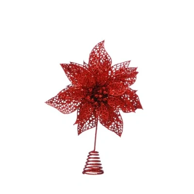 Image of Festive Productions 28cm Red Glitter Poinsettia Christmas Tree Topper Deluxe Decoration