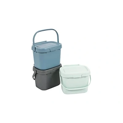 Image of Addis Everyday Kitchen Food Waste Compost Caddy Bin utility Set of 3 mixed colours Metallic Silver, Air Blue, Mist, x 4.5 litres