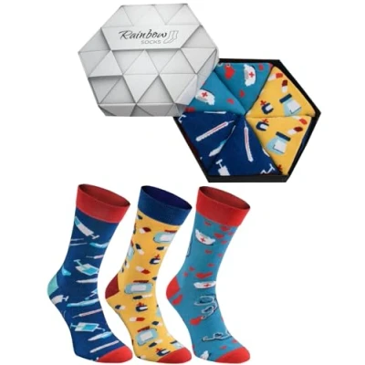 Image of Rainbow Socks Men Women Novelty Nurse Box 3 Pairs Thermometer Nursing Cap Pills Size 4 7