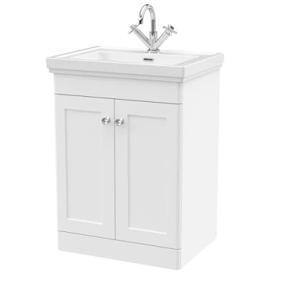 Image of Balterley Traditional Floor Standing 2 Door Vanity Unit with 1 Tap Hole Fireclay Basin, 600mm Satin White