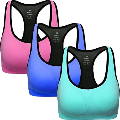 Image of ANGOOL Women&#039;s Sports Bra Padded High Impact Racerback Comfy Yoga Workout Bra, L Fit 36D 36DD 36E 38D 40BC, Blue+rose+green