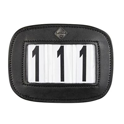 Image of LeMieux Saddle Pad Number Holder in Black Durable Leather Material Attaches Easily with a Strong Fixing Pin One Size