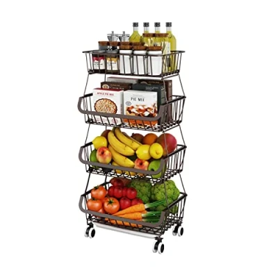 Image of Fruit Vegetable Storage Basket for Kitchen 4 tier Stackable Metal Wire Baskets Cart with Rolling Wheels Utility Fruits Rack Produce Snack Organizer Bins Pantry Bathroom Laundry Bronze
