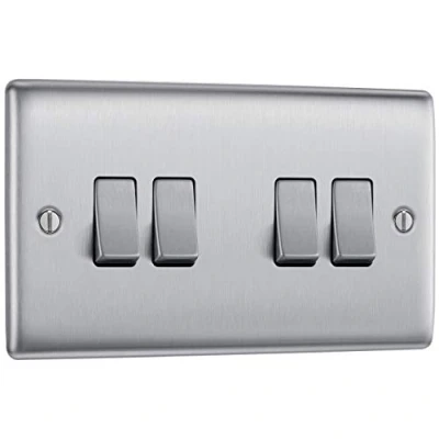 Image of BG Electrical Quadruple Wall Light Switch, 2 Way, Raised and Slim Profile, Round Edges, Nexus Metal, Brushed Steel, 20A, 16AX, NBS44