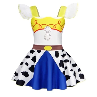 Image of AmzBarley Girls Jessie Costume Dress up Kids Toddler Fancy Party Dresses Children Birthday Holiday Halloween Cosplay Outfit Clothes (3 4 Years, White&amp;Yellow)