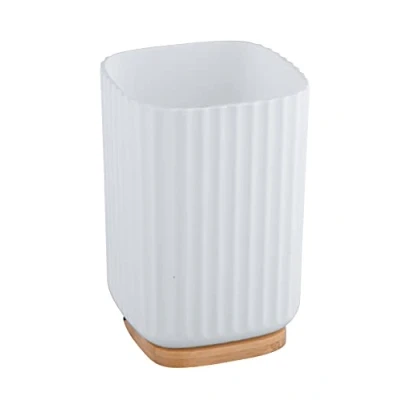 Image of WENKO Rotello toothbrush mug, mouthwash tumbler made of plastic and base bamboo, storage option for toothbrushes with easy grip grooved structure, Ø 8.6 x 11.1 cm, white/natural