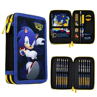 Image of Sonic The Hedgehog Pencil Case with Stationery Included School Supplies Filled Colouring Pencils Boys Gifts